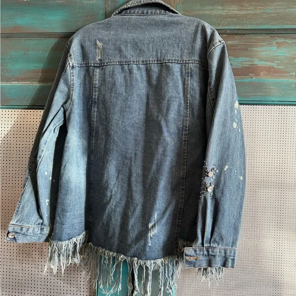 Embroidered Distressed Denim Jacket with Fringe with Swarovski Crystals - Picture 2 of 6